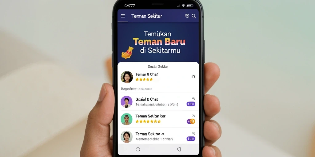 Tampilan pengguna CV777 menampilkan fitur pencarian teman sekitar.