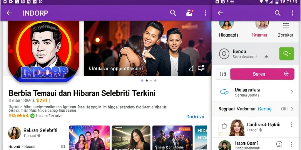 Antarmuka menarik aplikasi INDORP dengan berita hiburan selebriti.