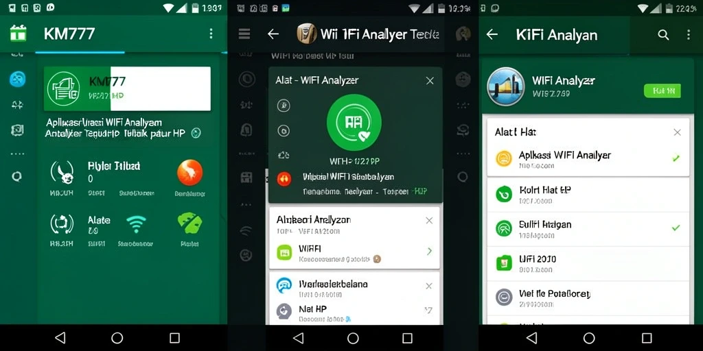 Screenshot KM777 menunjukkan fungsi WiFi Analyzer dan antarmuka pengguna yang ramah.