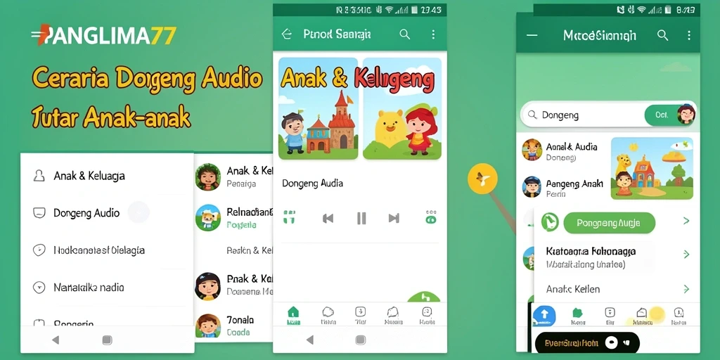 Tampilan antarmuka aplikasi Dongeng Audio yang menarik dan mudah digunakan.