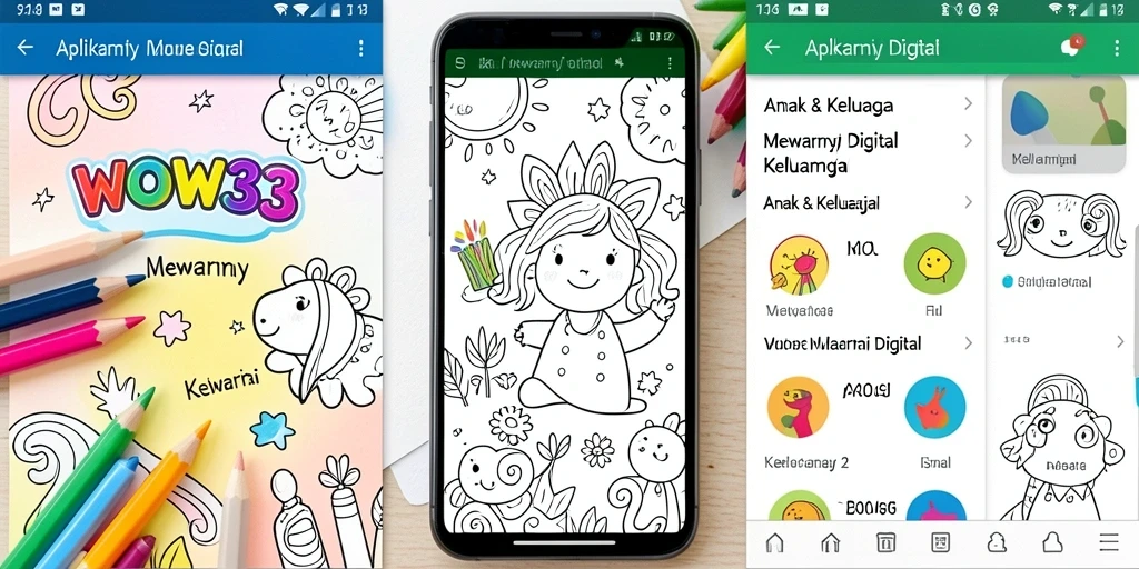 Antarmuka pengguna WOW33 menampilkan beragam pilihan gambar dan fungsi mewarnai yang intuitif.